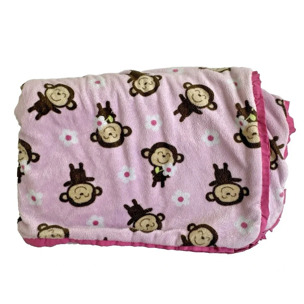 Carters Pink Sherpa Monkey Baby Blanket Flowers Smiling Hard to Find